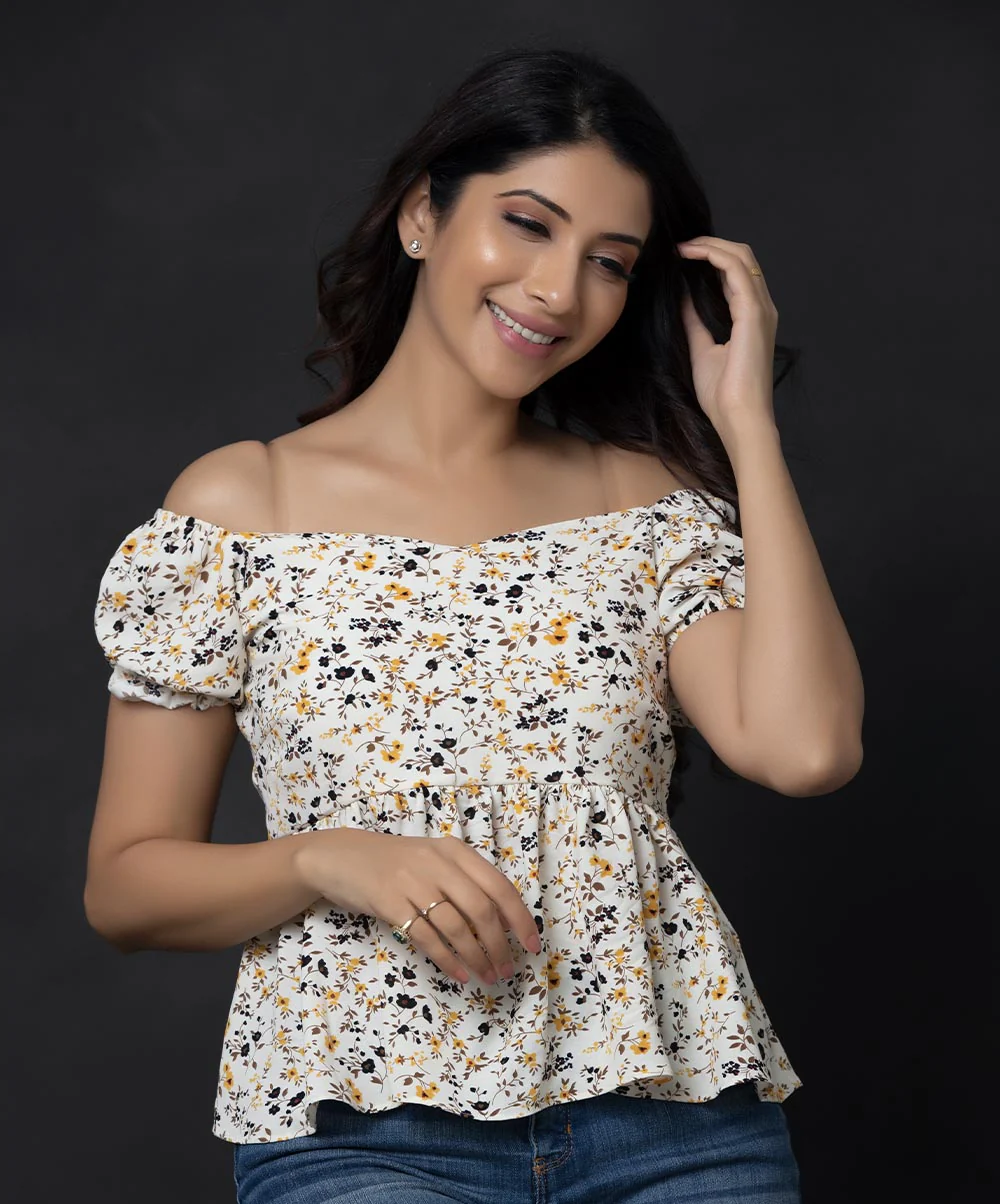 Puff Sleeve Ruffle Hem Floral Blouse