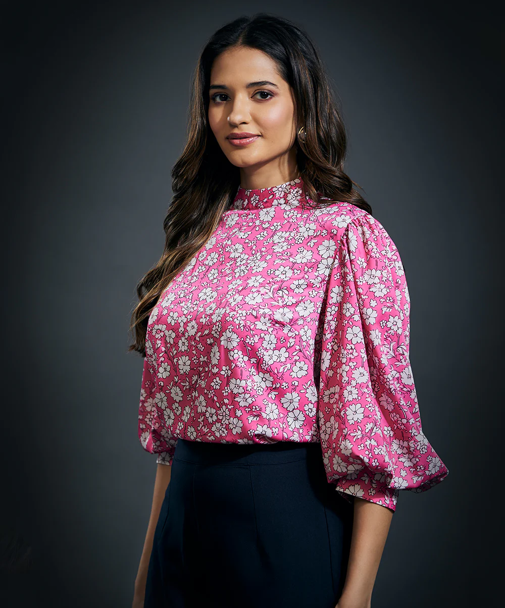 Puffed Long Sleeve Satin Top-Pink - Image 2