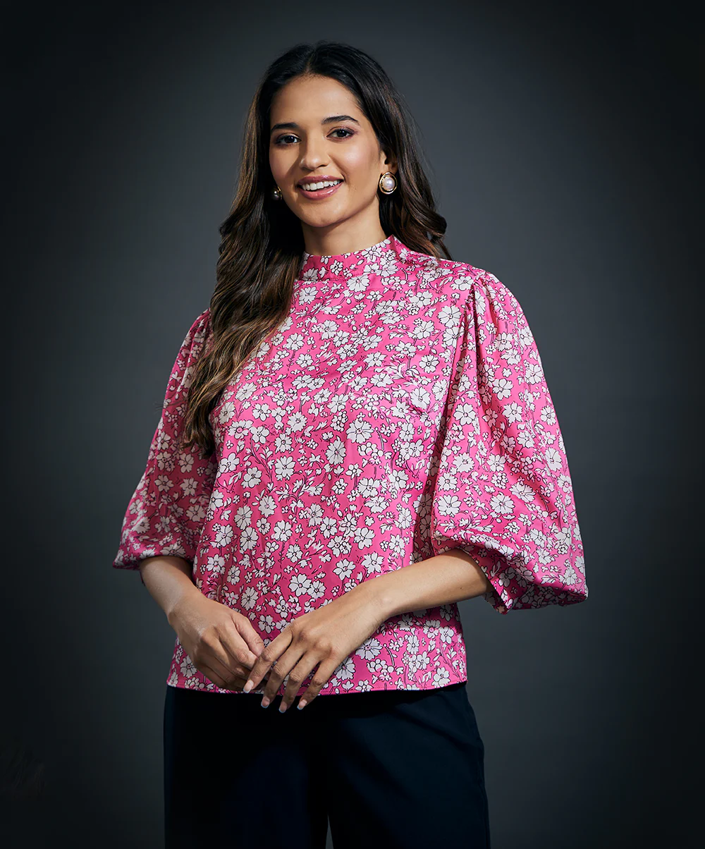 Puffed Long Sleeve Satin Top-Pink - Image 3