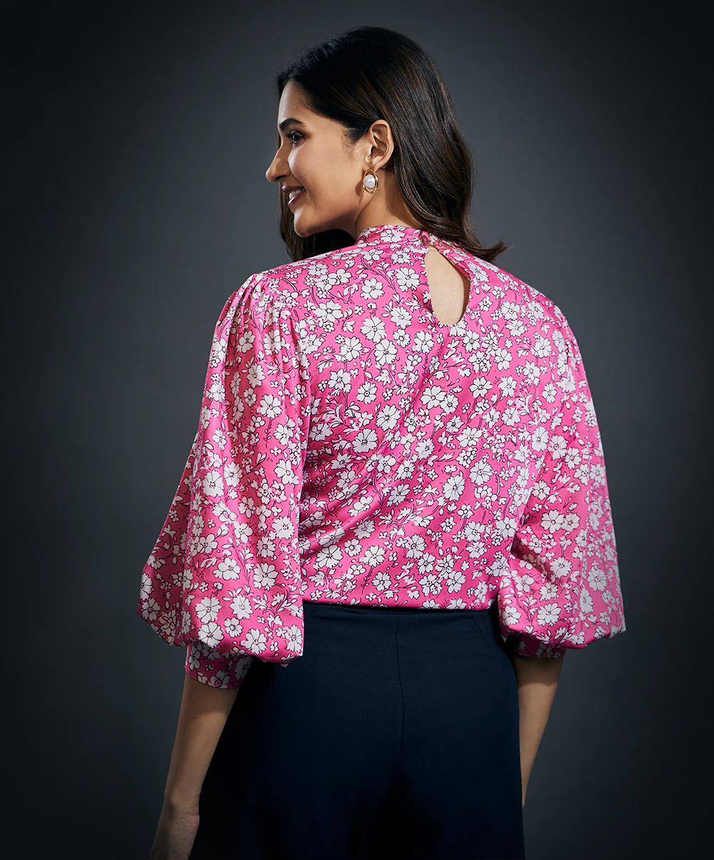 Puffed Long Sleeve Satin Top-Pink - Image 4