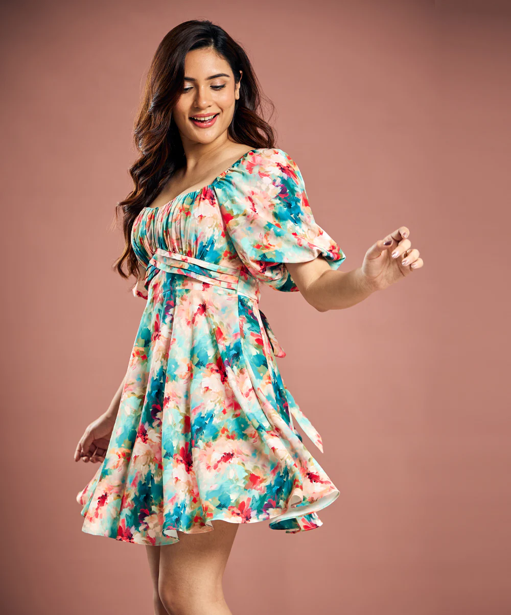 Puffed Sleeve Chiffon Detailed Short Dress