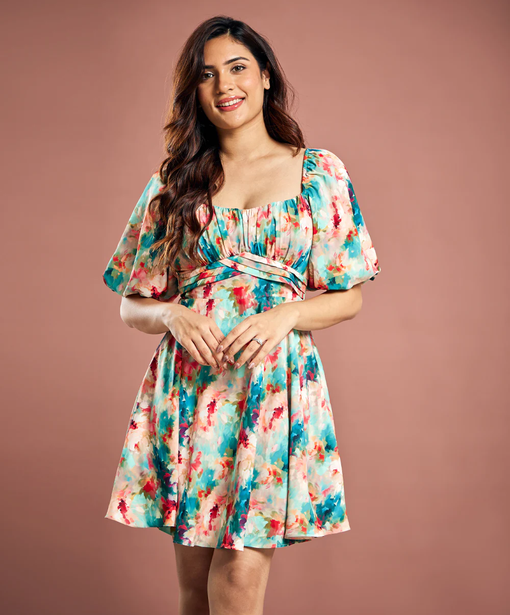 Puffed Sleeve Chiffon Detailed Short Dress - Image 3