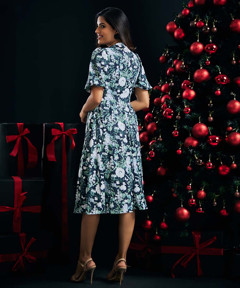Puffed Sleeve Printed Chiffon Dress - Image 5