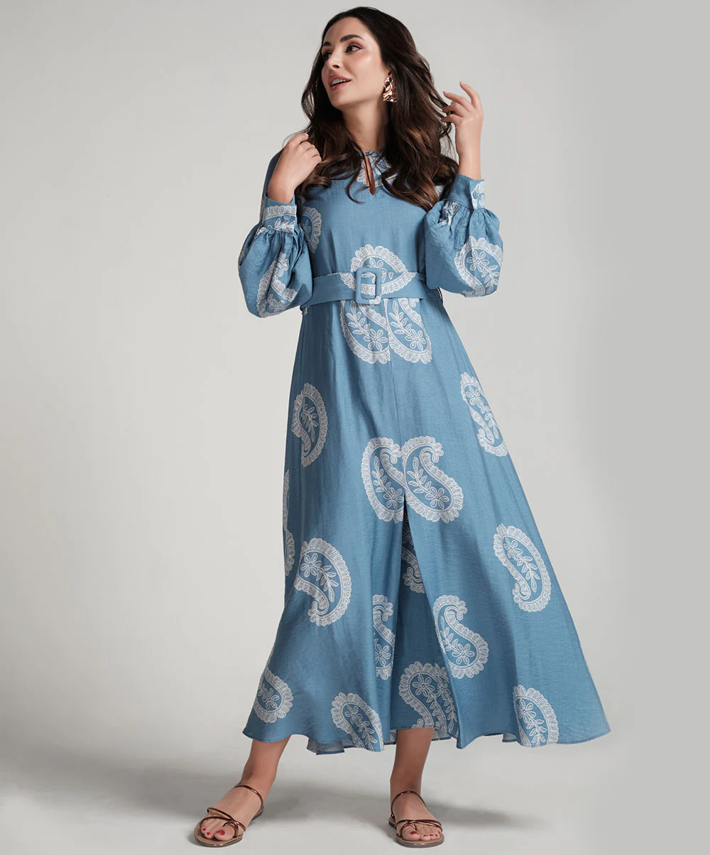 Puffed Sleeve Printed Round Neck Dress-Blue Print - Image 2