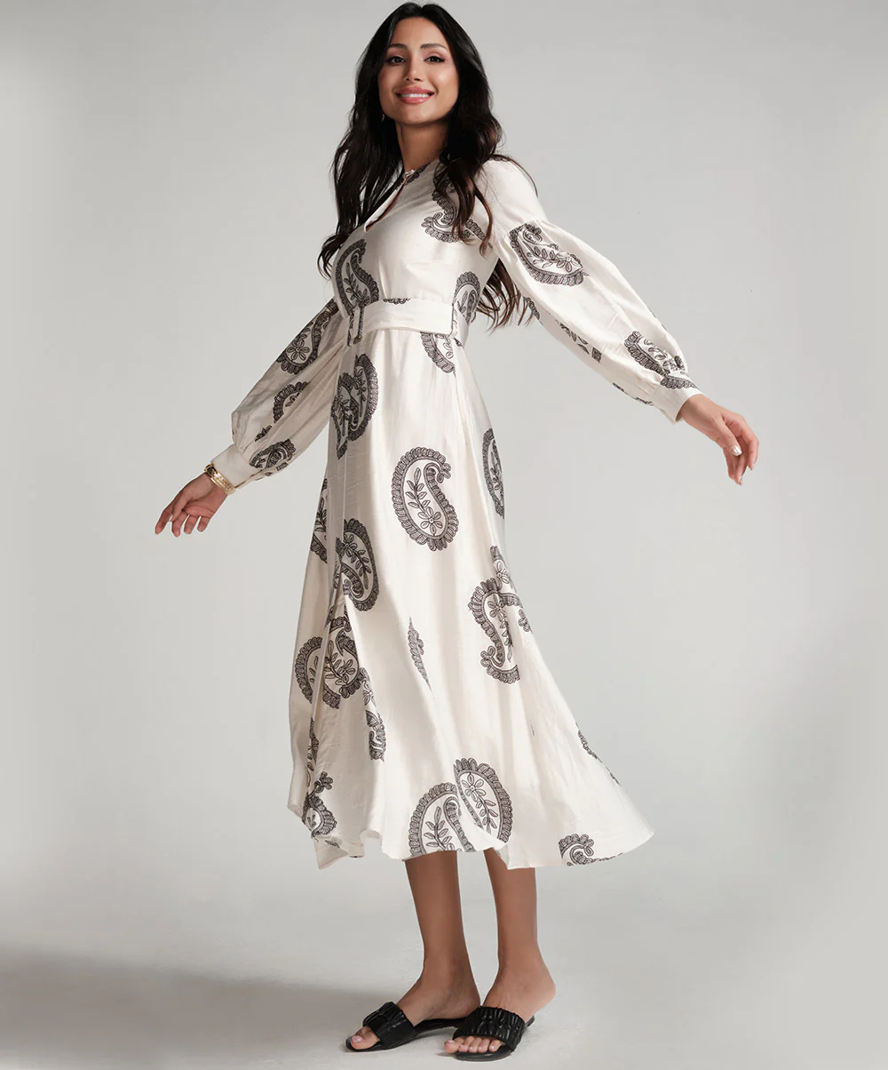 Puffed Sleeve Printed Round Neck Dress-Off White - Image 2