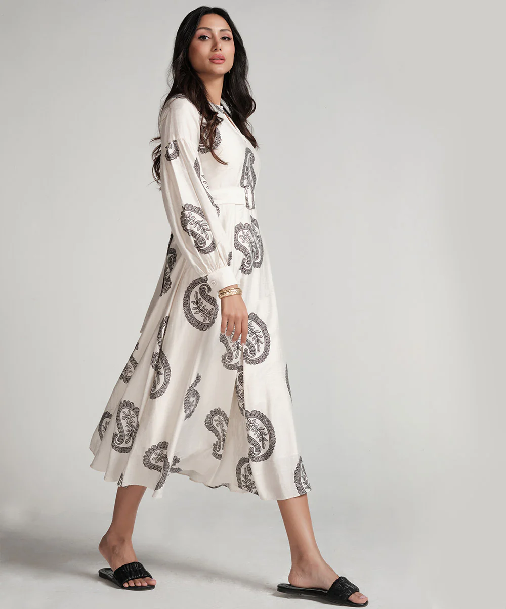 Puffed Sleeve Printed Round Neck Dress-Off White - Image 3