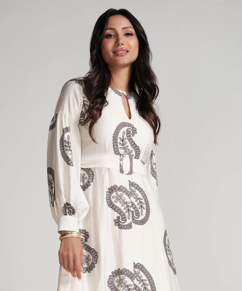 Puffed Sleeve Printed Round Neck Dress-Off White - Image 4