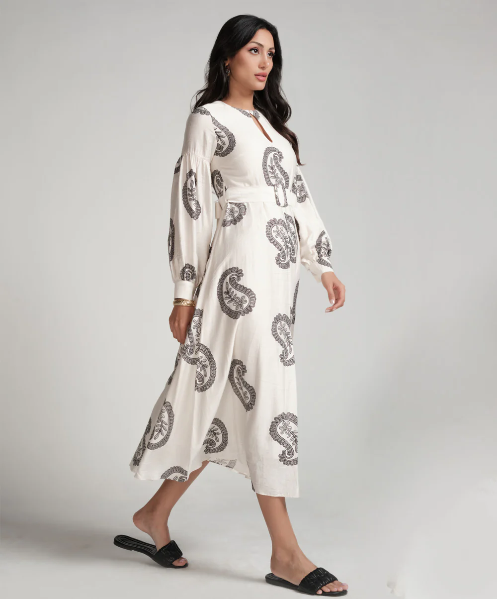 Puffed Sleeve Printed Round Neck Dress-Off White - Image 5