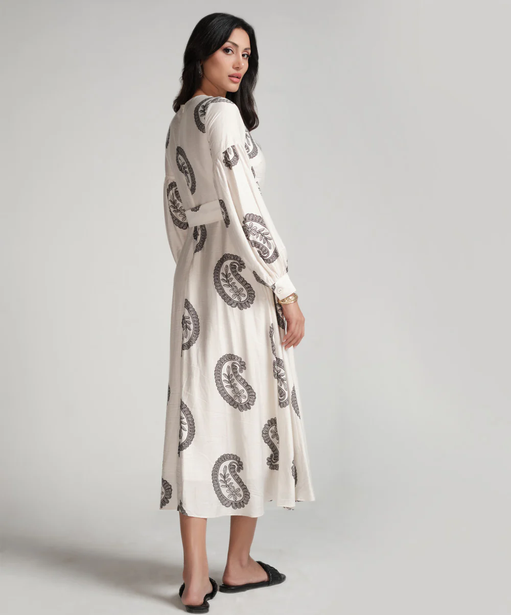 Puffed Sleeve Printed Round Neck Dress-Off White - Image 6