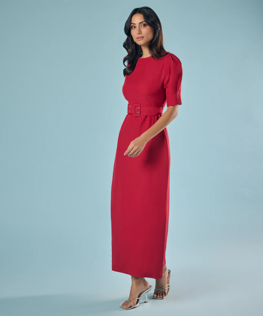 Puffed Sleeve Round Neck Midi Dress - Image 3