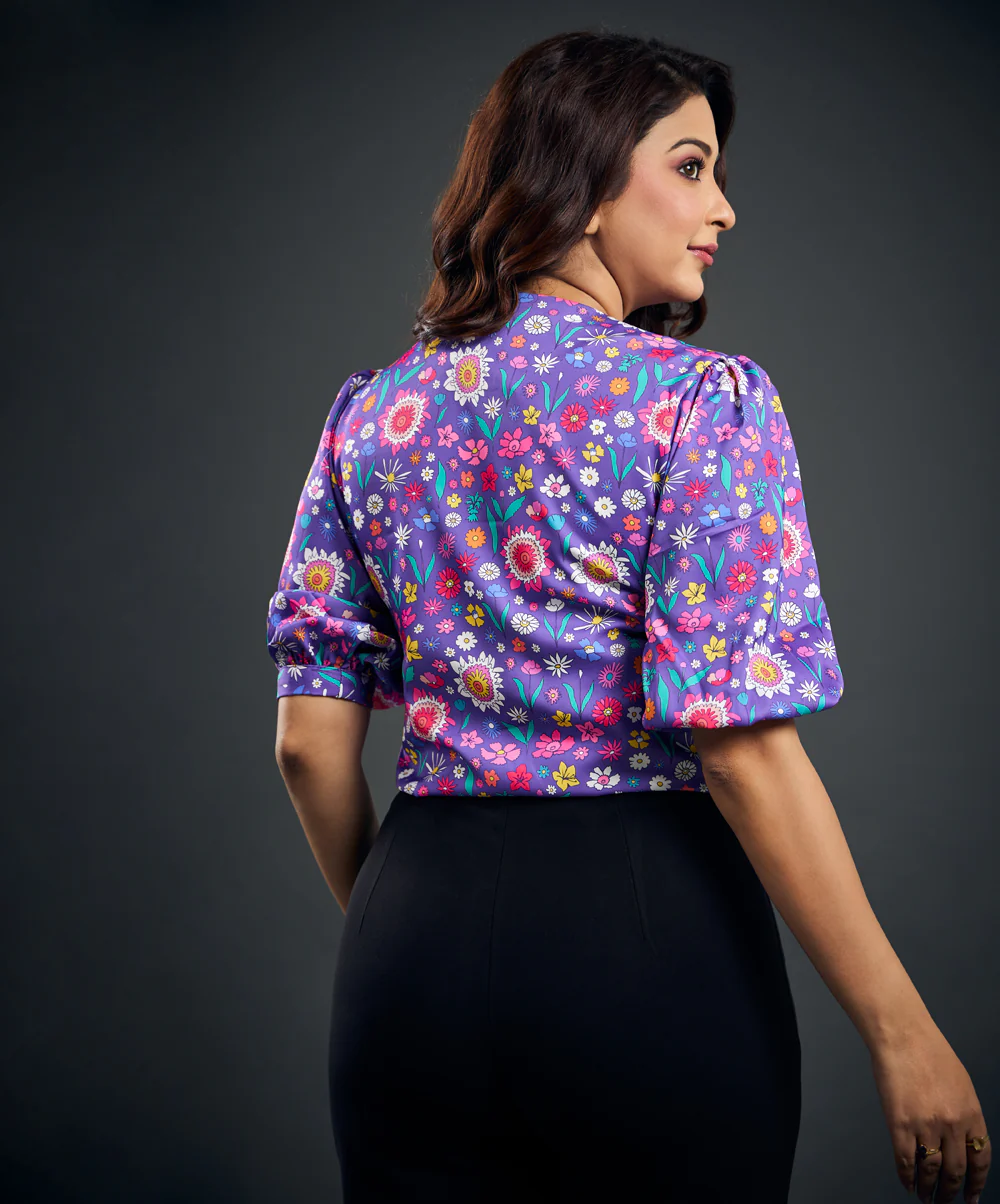 Puffed Sleeve Round Neck Shirt Satin Top - Image 4