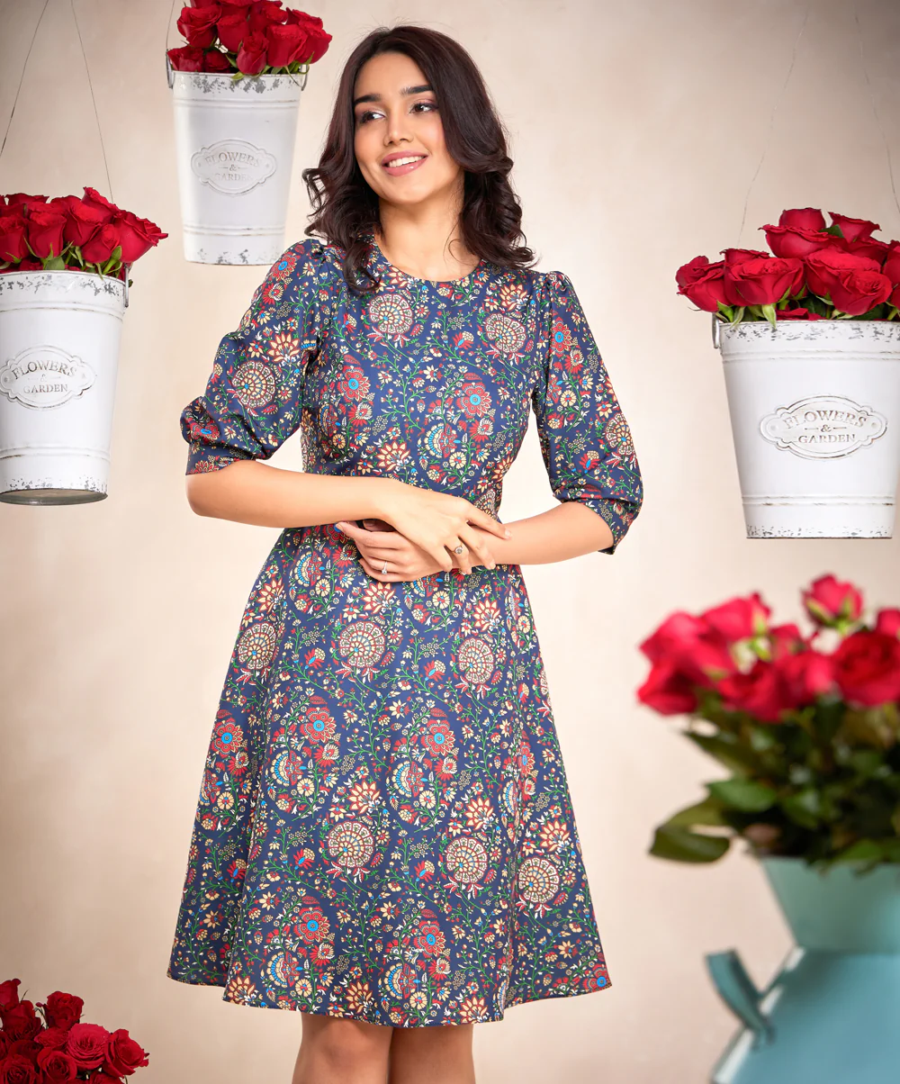 Puffed Sleeve Skater Blue Printed Dress