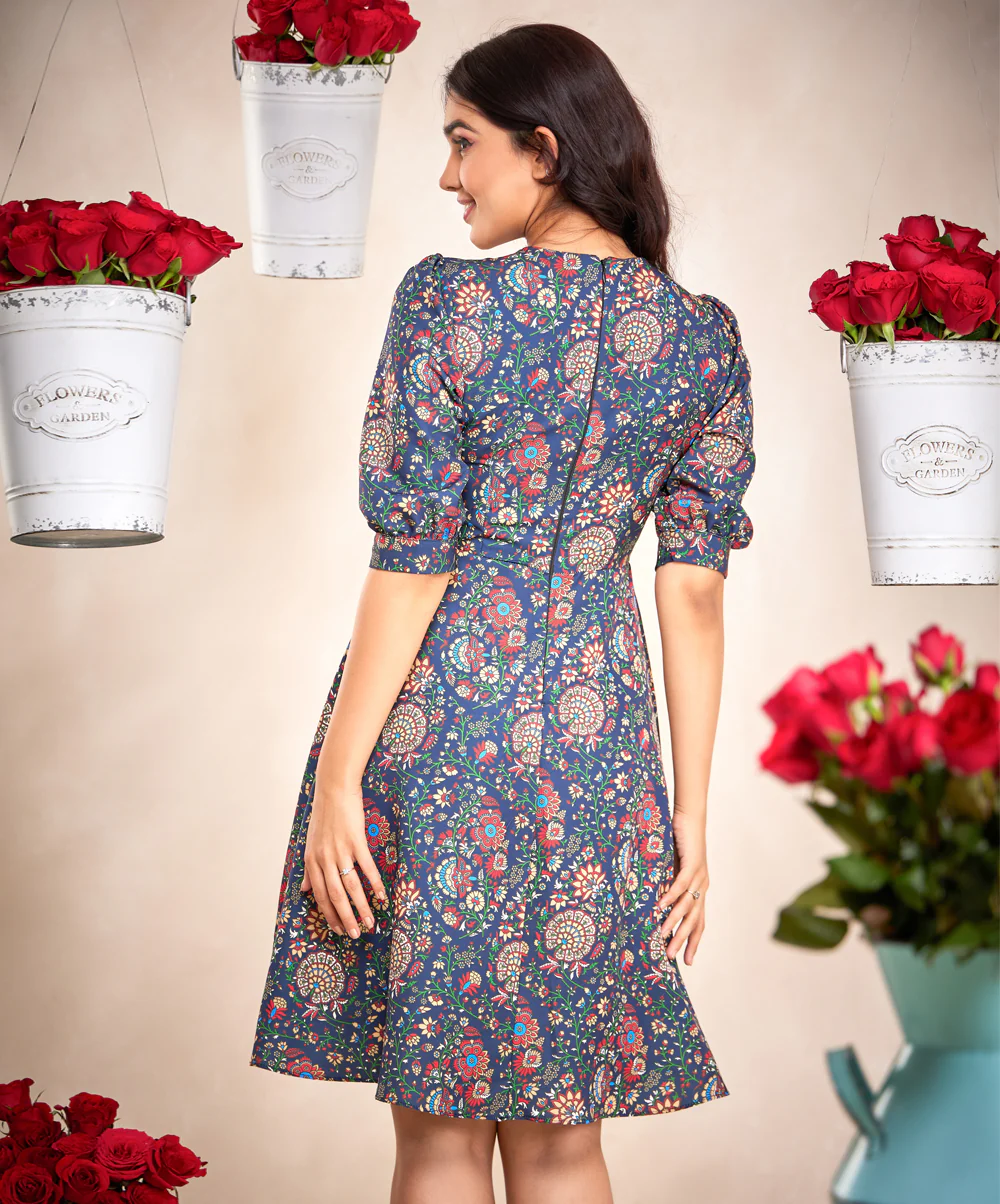 Puffed Sleeve Skater Blue Printed Dress - Image 4