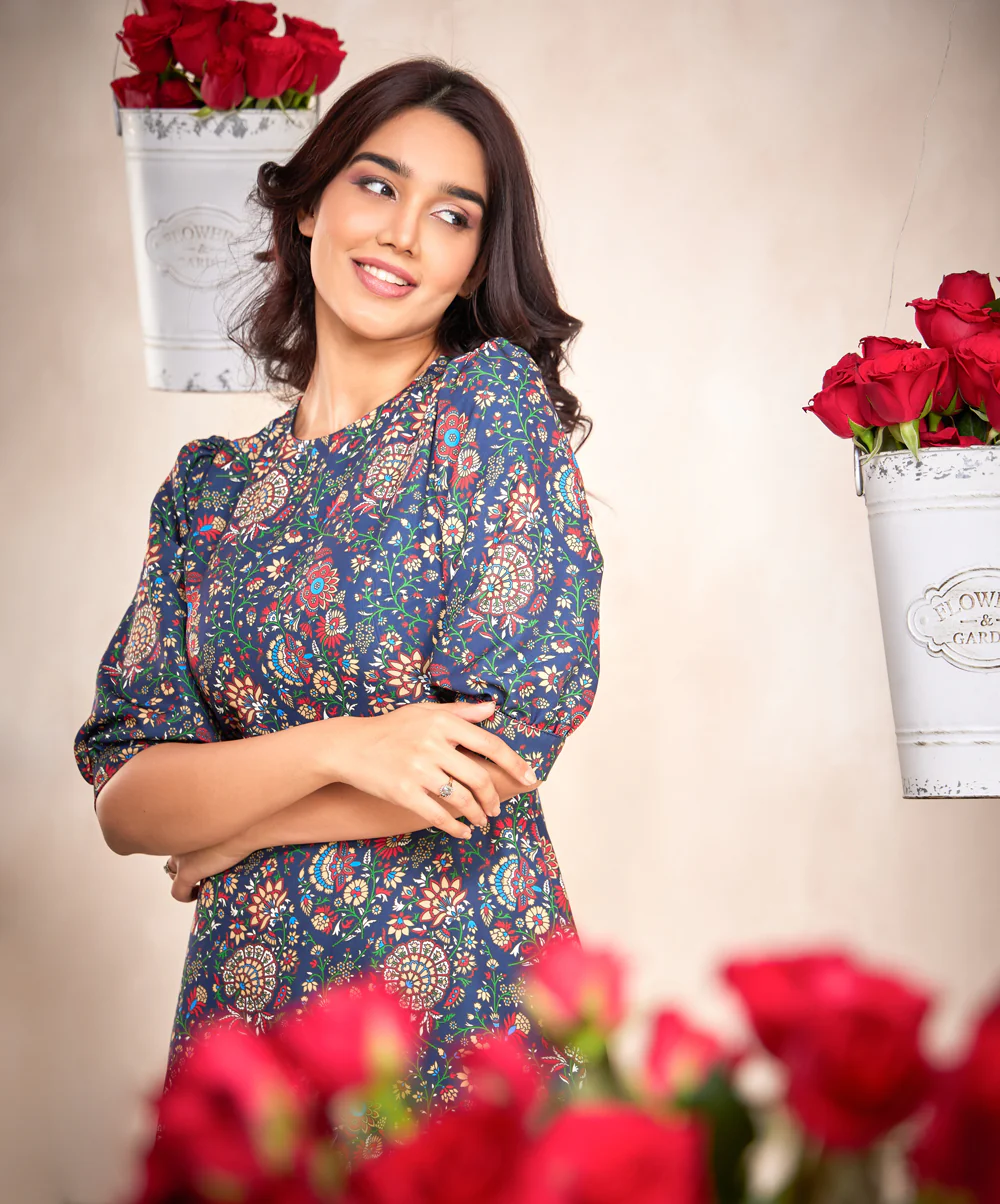 Puffed Sleeve Skater Blue Printed Dress - Image 6