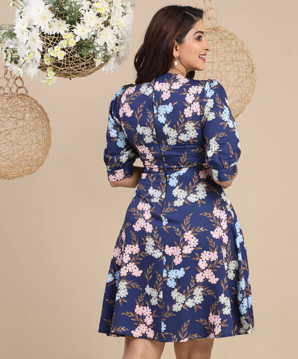 Puffed Sleeve Skater Printed Blue Dress - Image 2