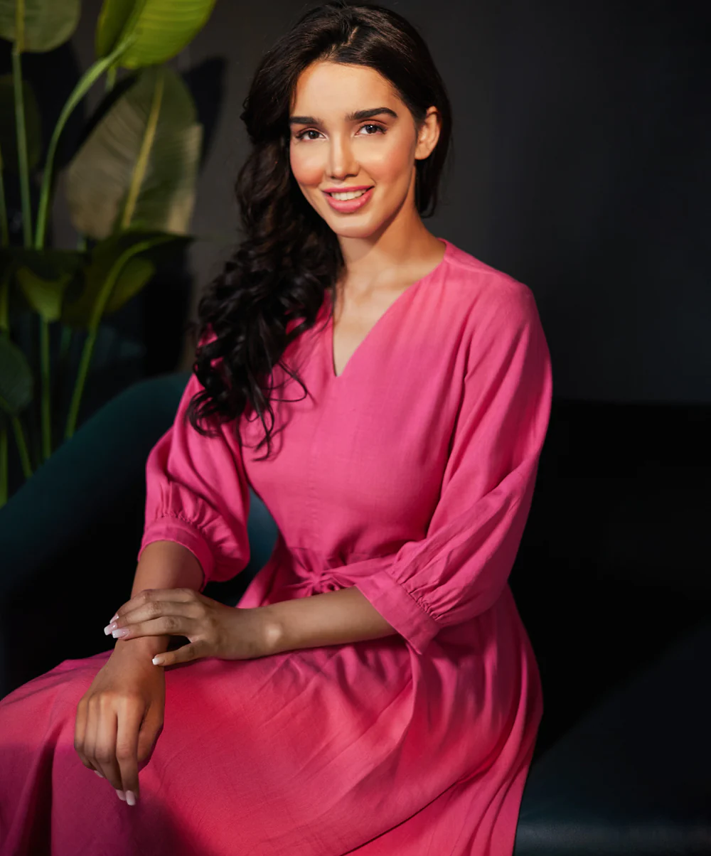 Puffed Sleeve Vneck Pink Linen Dress - Image 2