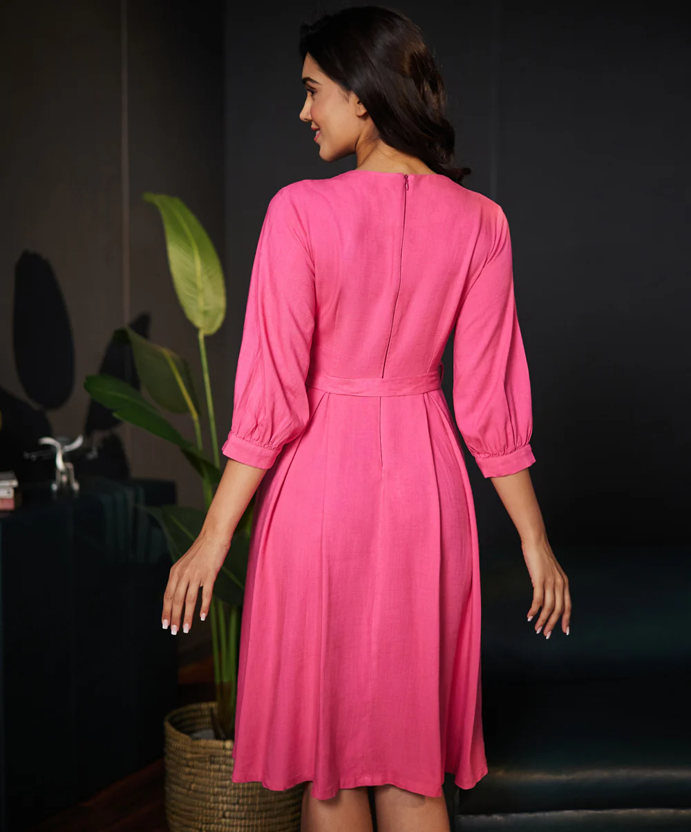 Puffed Sleeve Vneck Pink Linen Dress - Image 3