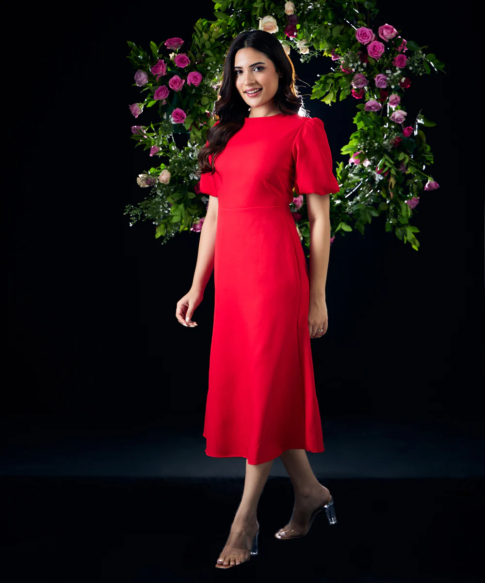 Puffed Sleeves Red Shift Dress - Image 3