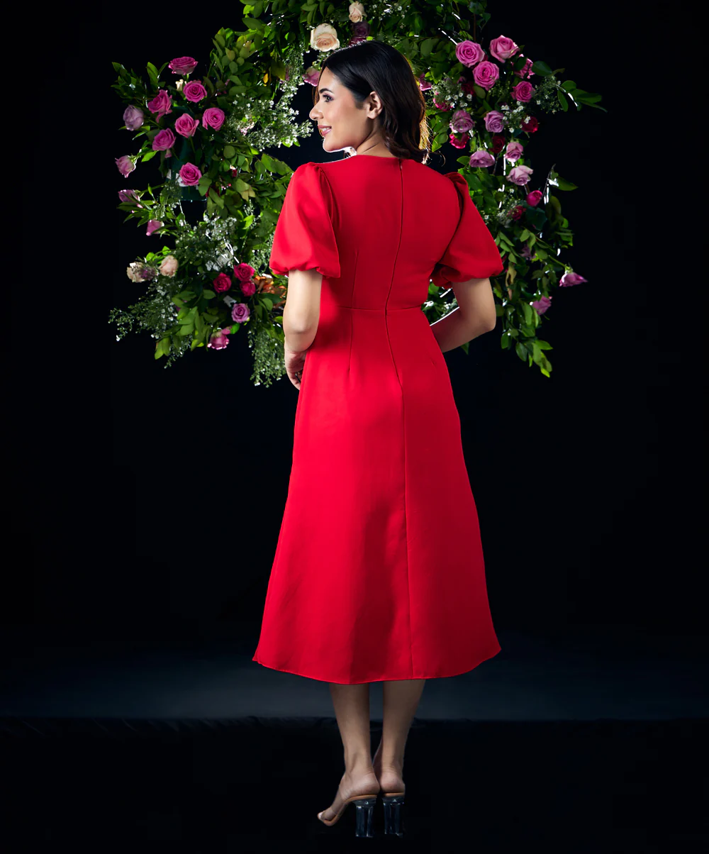 Puffed Sleeves Red Shift Dress - Image 4