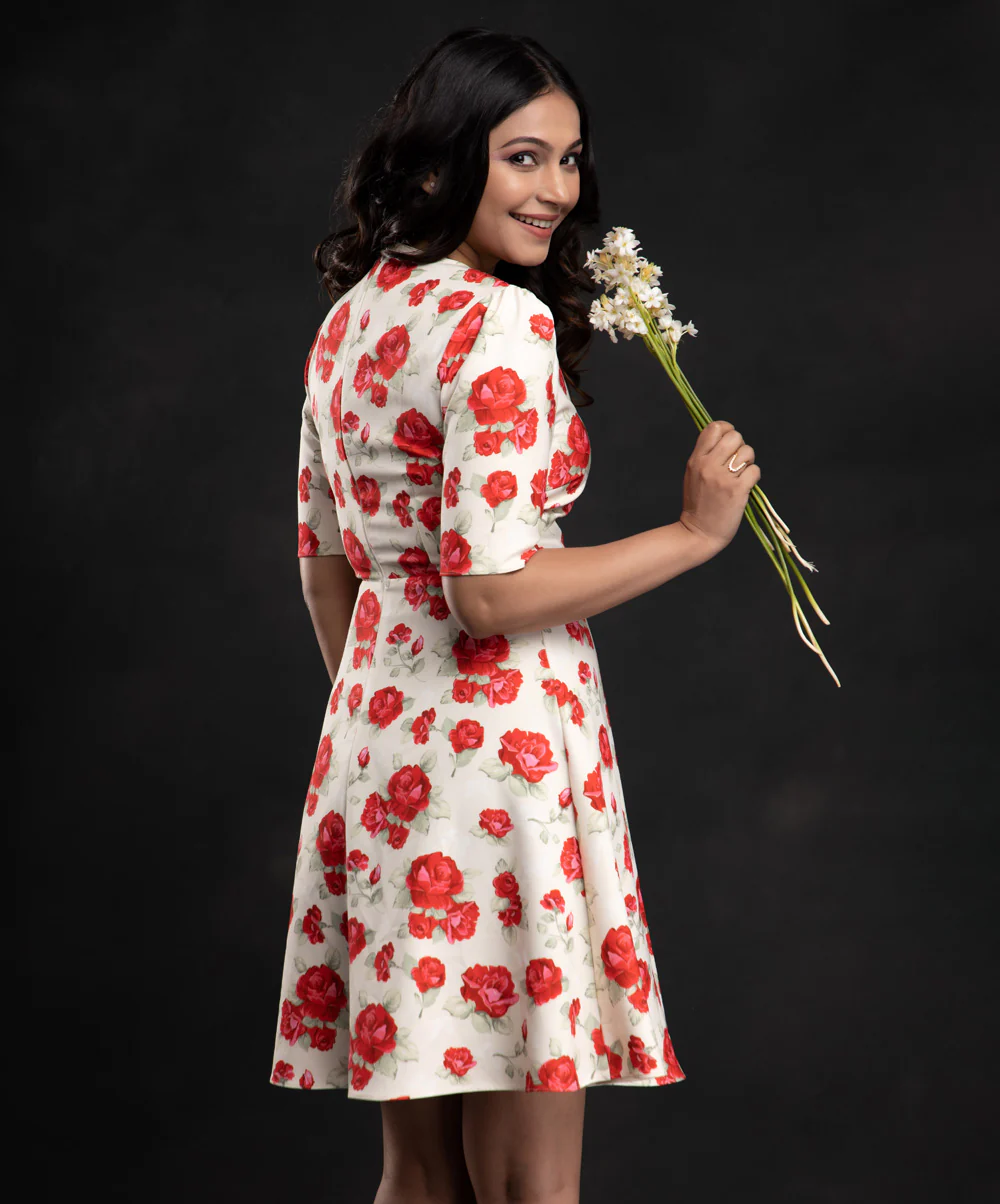 Red Floral Printed Half Sleeve Dress - Image 2