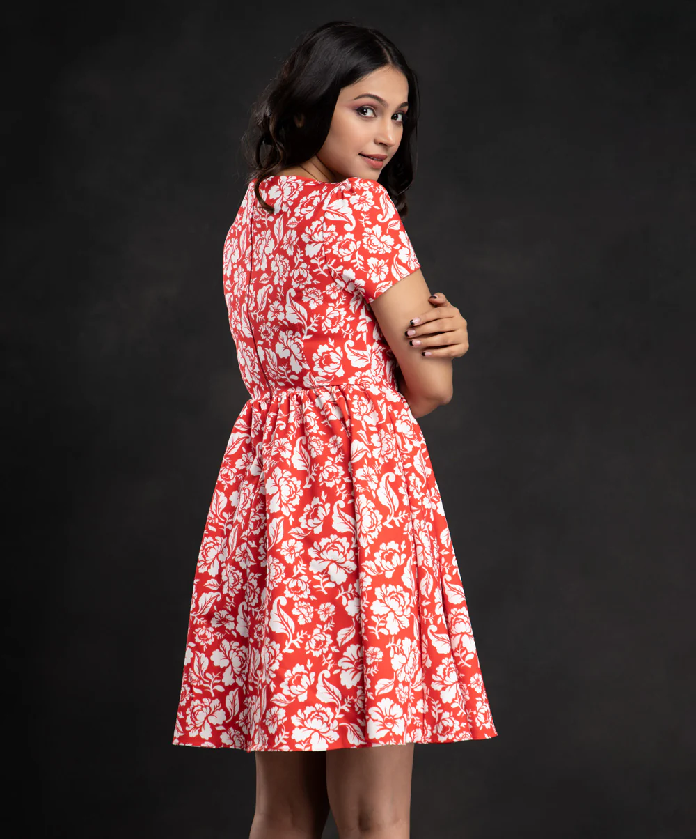 Red Floral Short Sleeve Mini Dress - Image 2