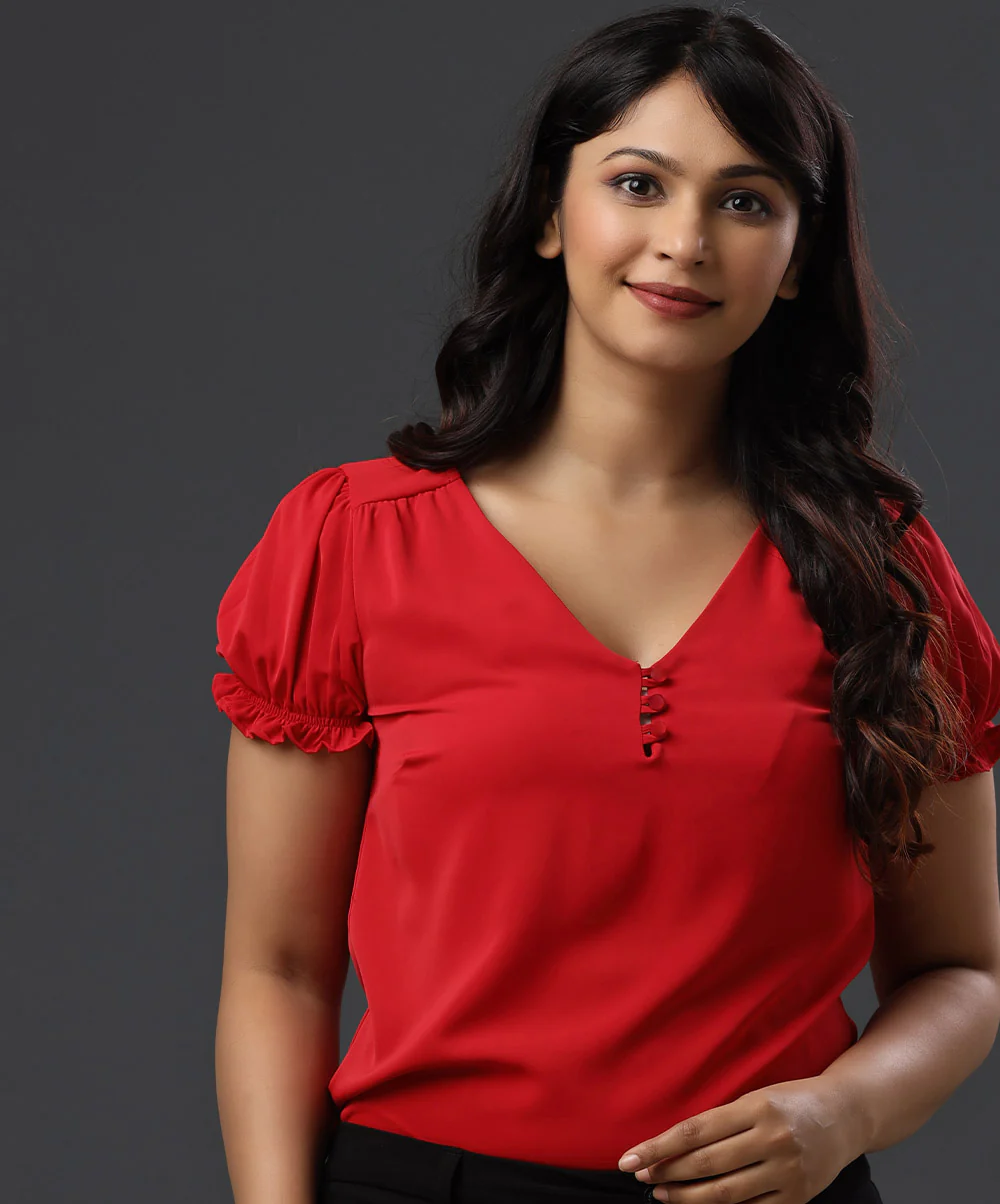 Red Puffed Sleeve Vneck Formal Top - Image 2