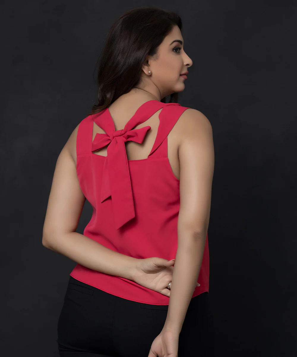 Hot Pink Sleeveless Braided Loop Chiffon Top - Image 2