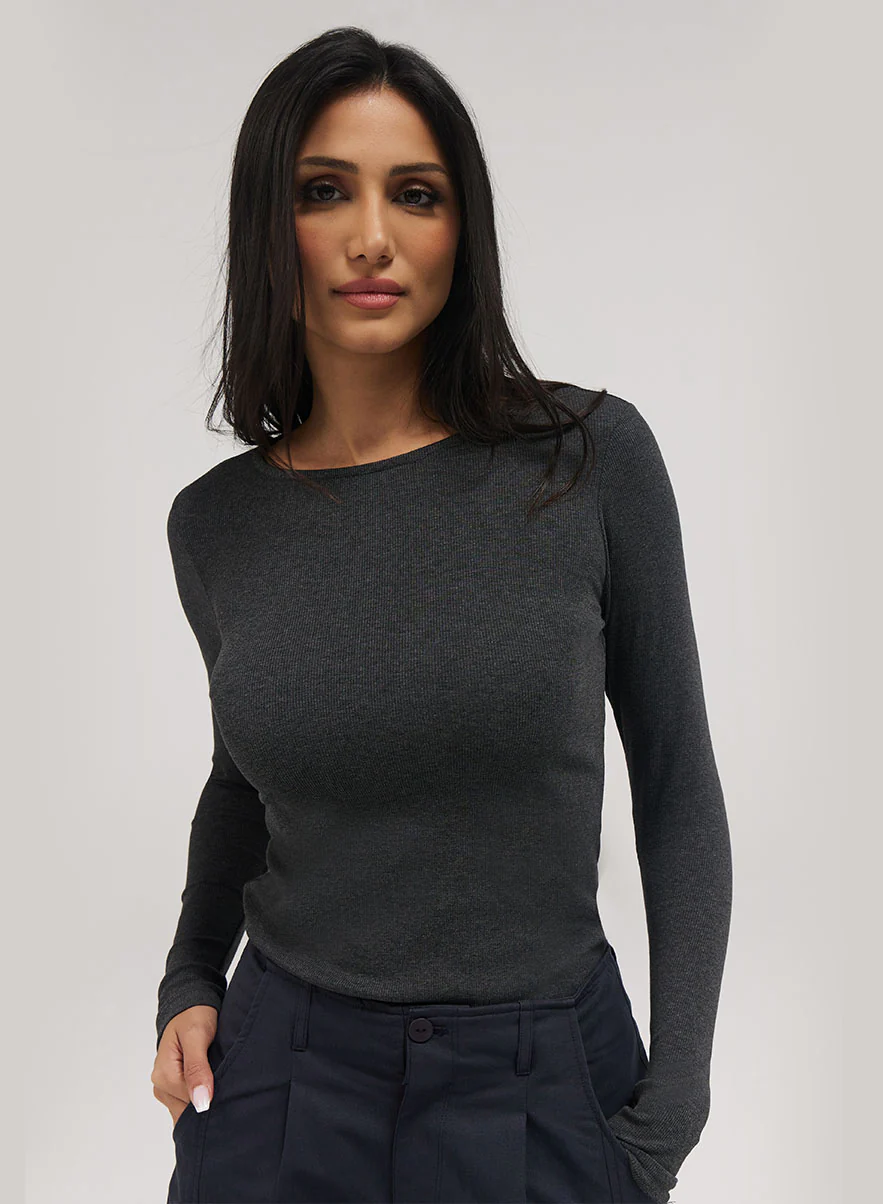 Rib Long Sleeve Top - Dark Grey - Image 2