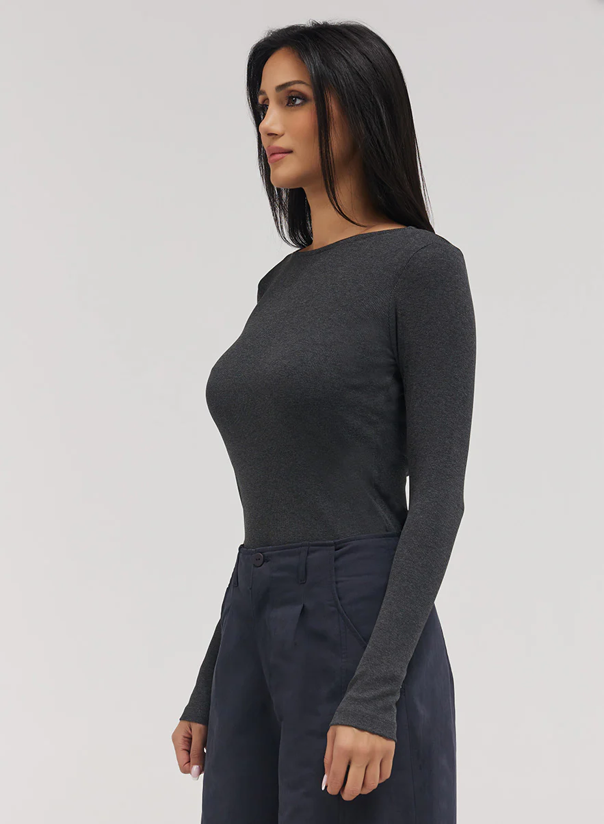 Rib Long Sleeve Top - Dark Grey - Image 4