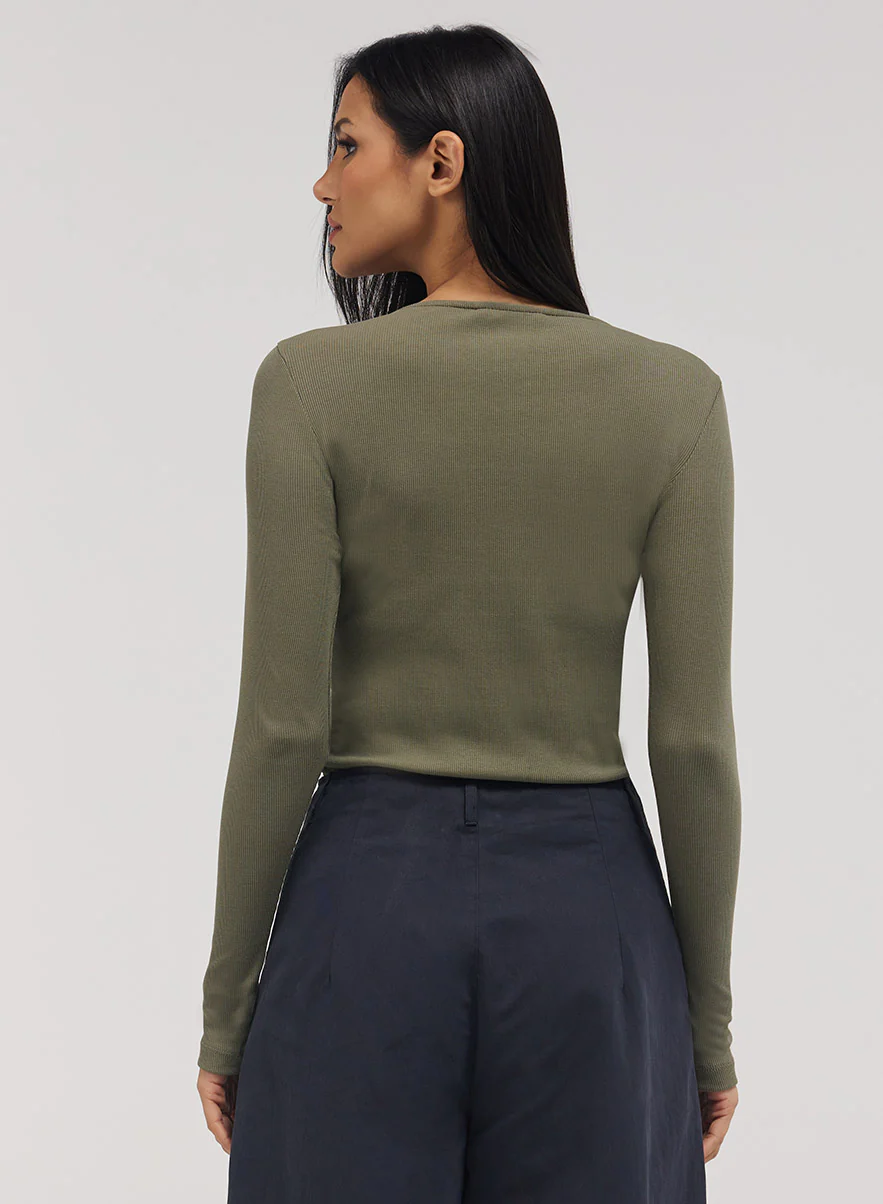Rib Long Sleeve Top - Khaki - Image 3