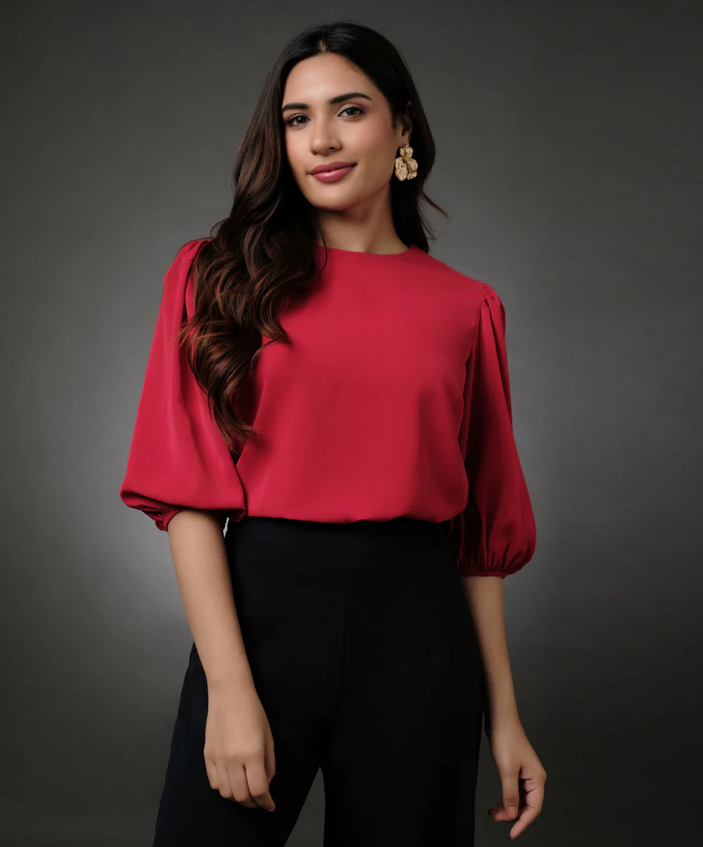 Round Neck Chiffon Sleeve Elasticated Top - Image 2