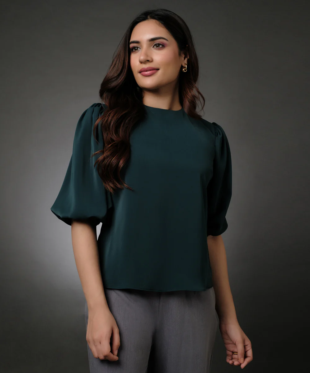 Round Neck Dark Green Sleeve Elasticated Top - Image 2
