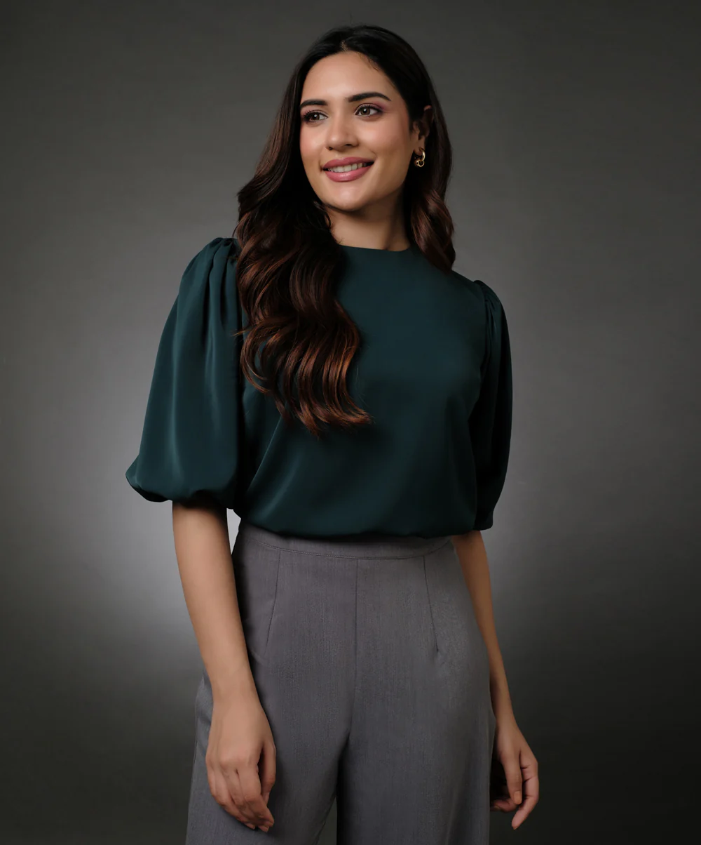 Round Neck Dark Green Sleeve Elasticated Top - Image 3