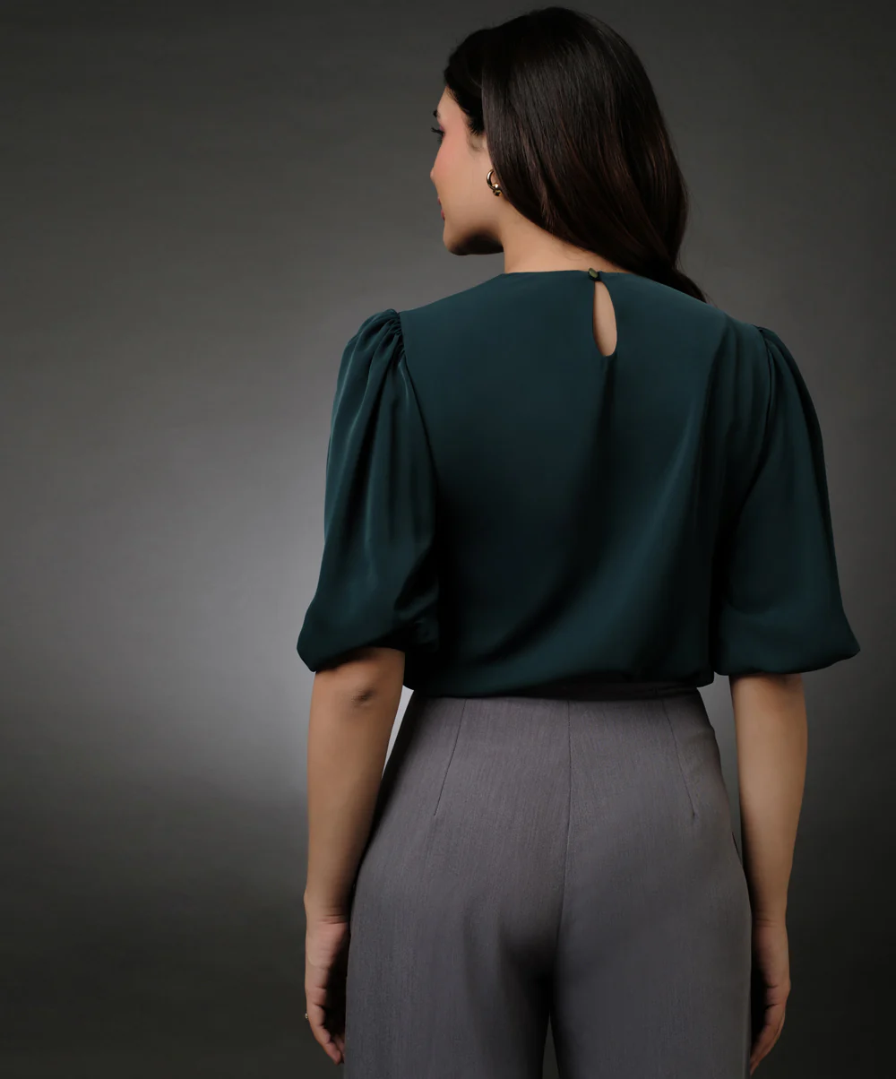 Round Neck Dark Green Sleeve Elasticated Top - Image 5