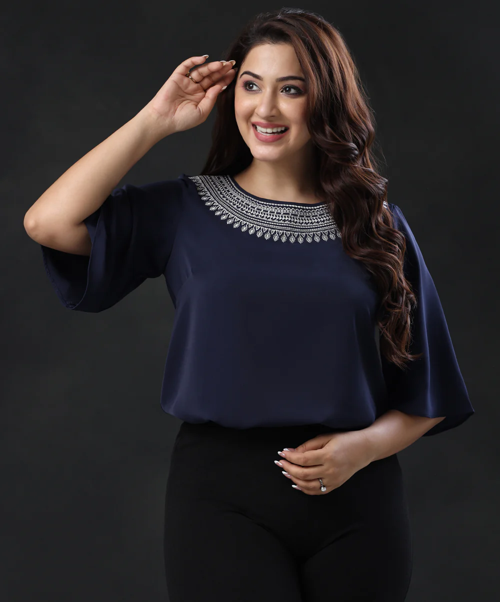 Round Neck Embroidered Blue Top