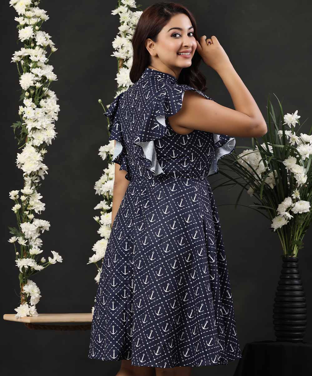 Round Neck Frilled Printed Dress - Image 2