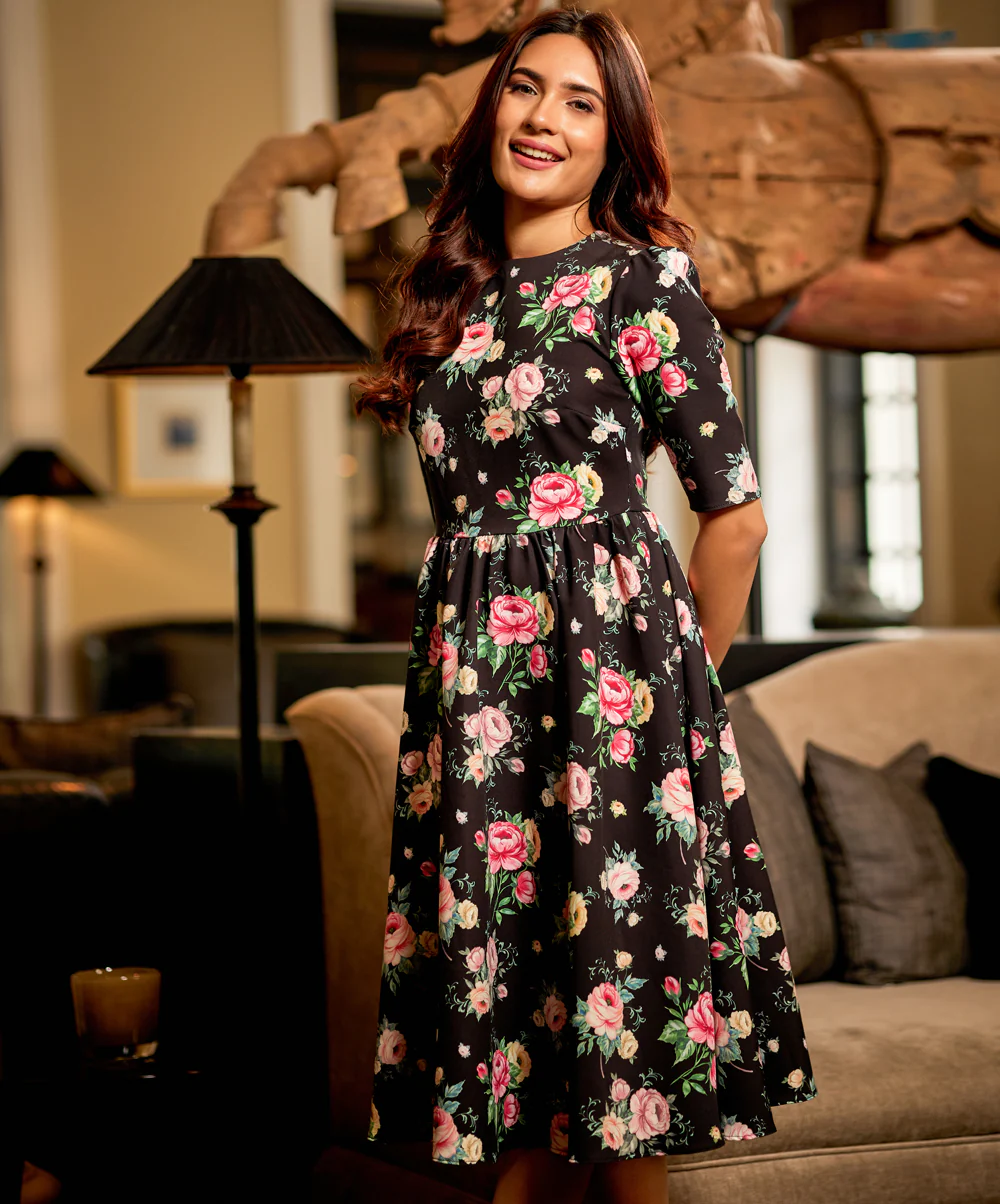 Round Neck Gathered Skirt Printed Dress - Image 2
