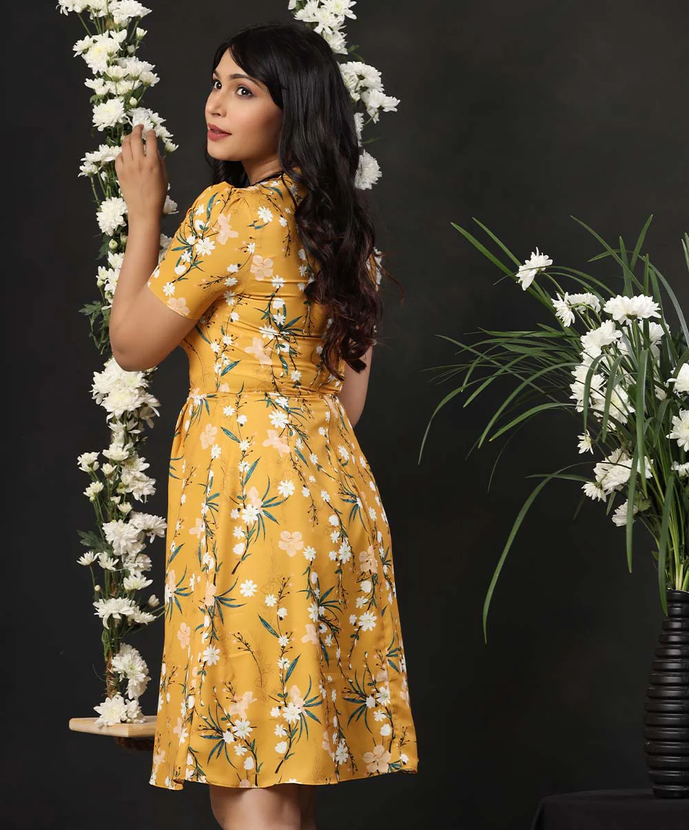 Round Neck Mustard Printed Dress - Image 2