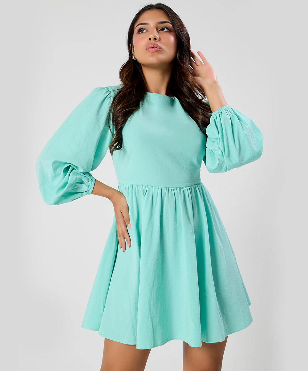 Round Neck Puffed Sleeve Dress - Image 2