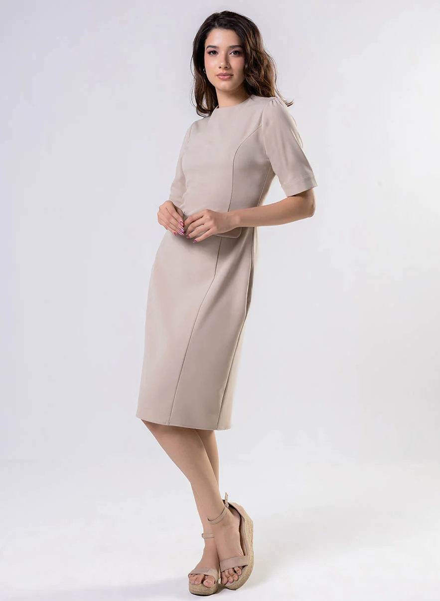 Round Neck Shift Dress With Flaps-Beige - Image 2