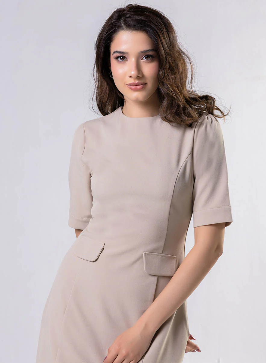 Round Neck Shift Dress With Flaps-Beige - Image 3