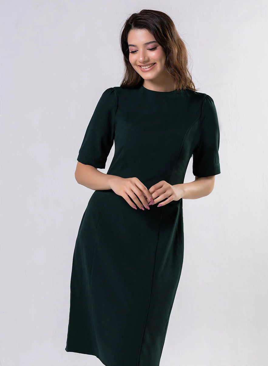 Round Neck Shift Dress With Flaps-Dark Green - Image 3