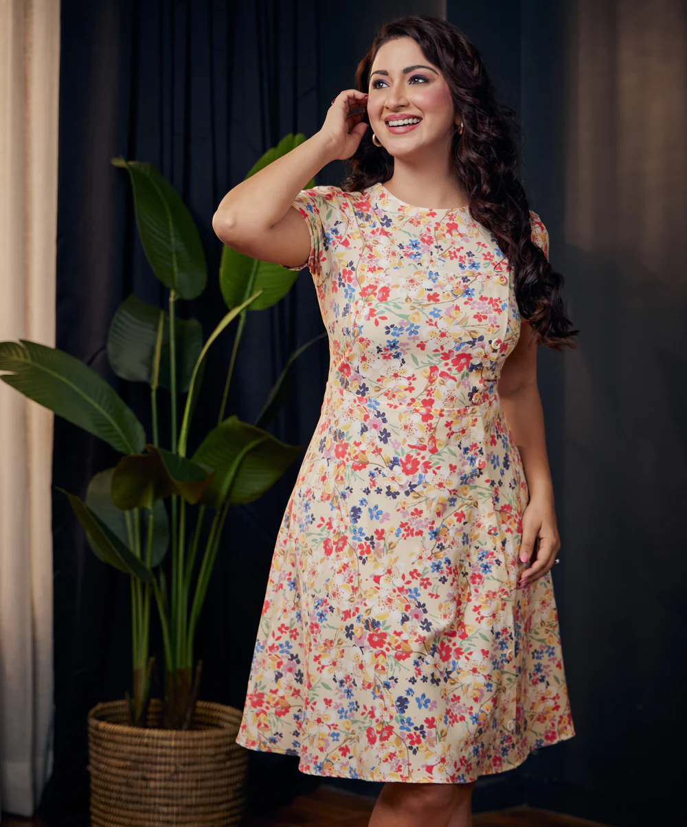 Round Neck Side Buttoned Printed Dress