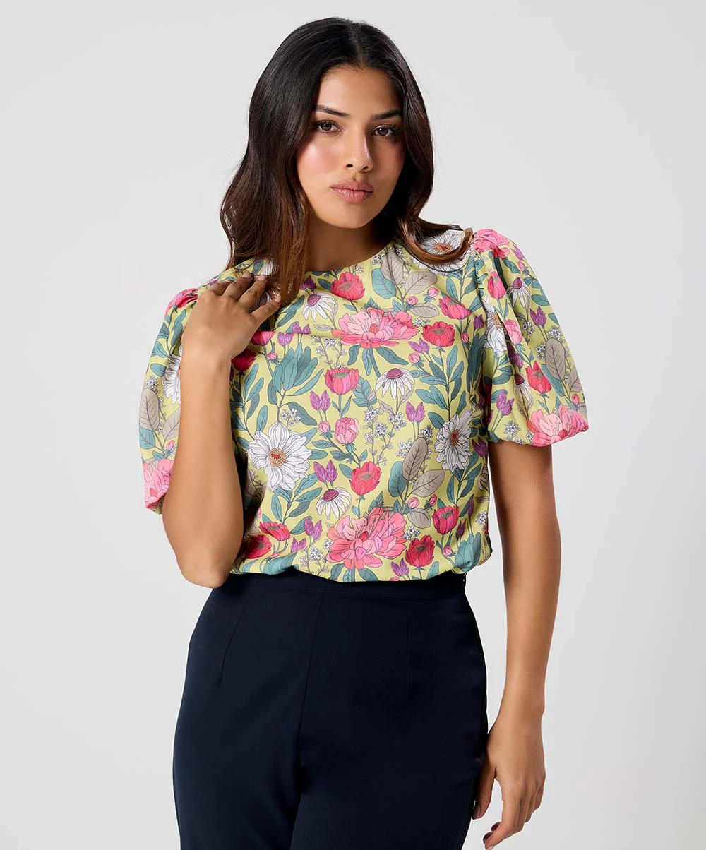 Round Neck Sleeve Detailed Printed Top - Image 2