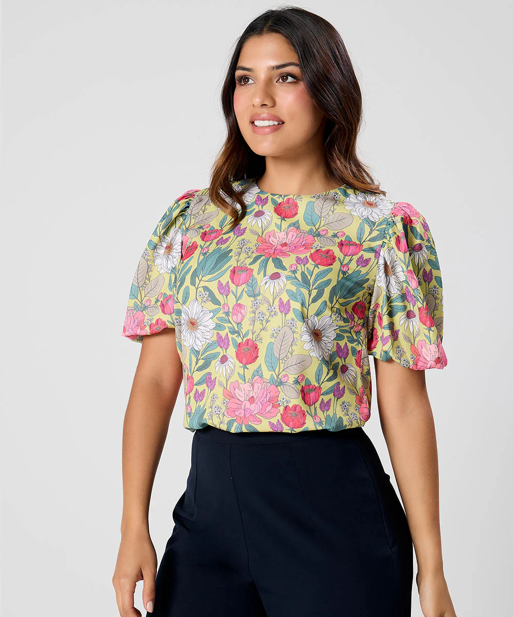 Round Neck Sleeve Detailed Printed Top - Image 3
