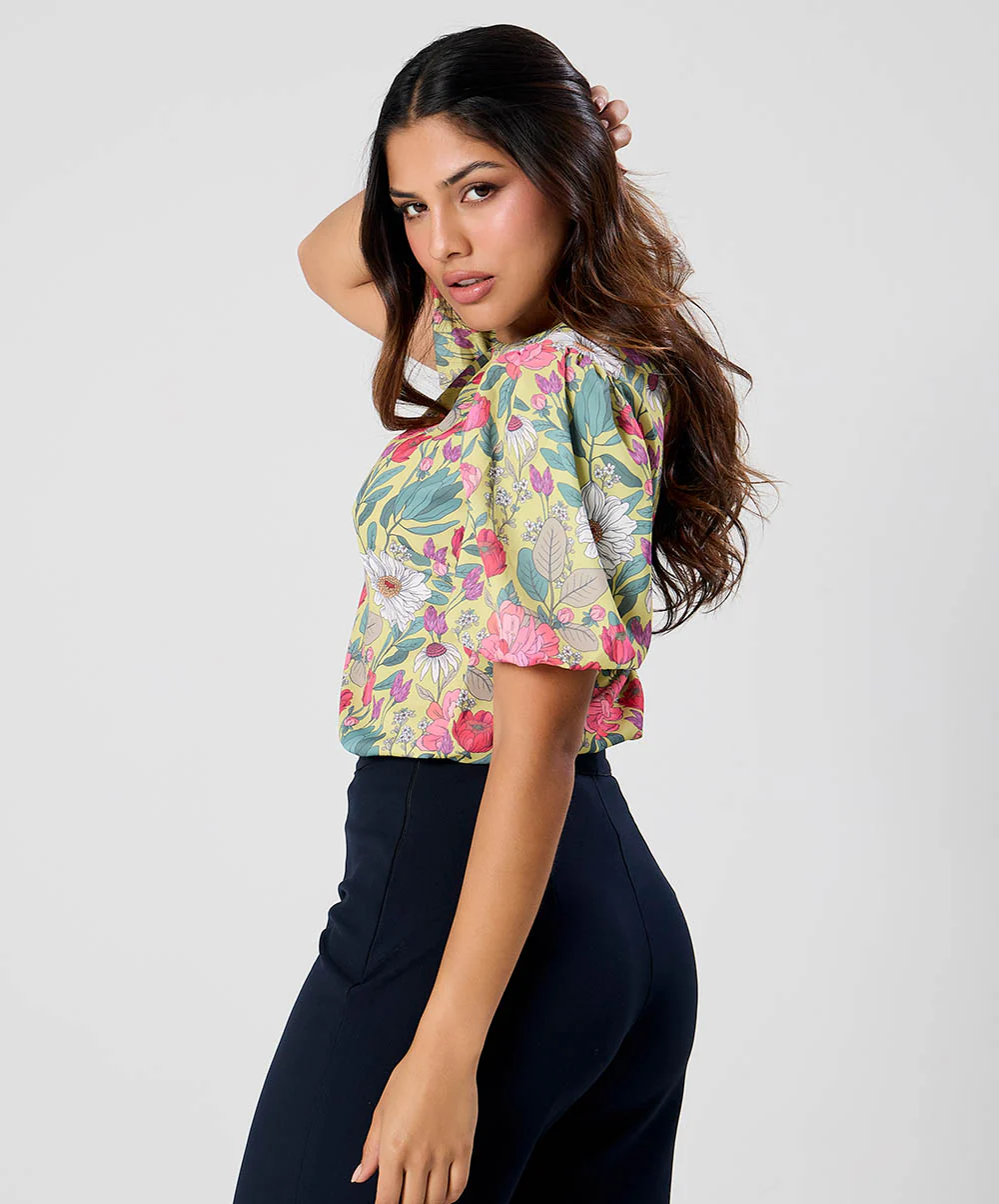 Round Neck Sleeve Detailed Printed Top - Image 4