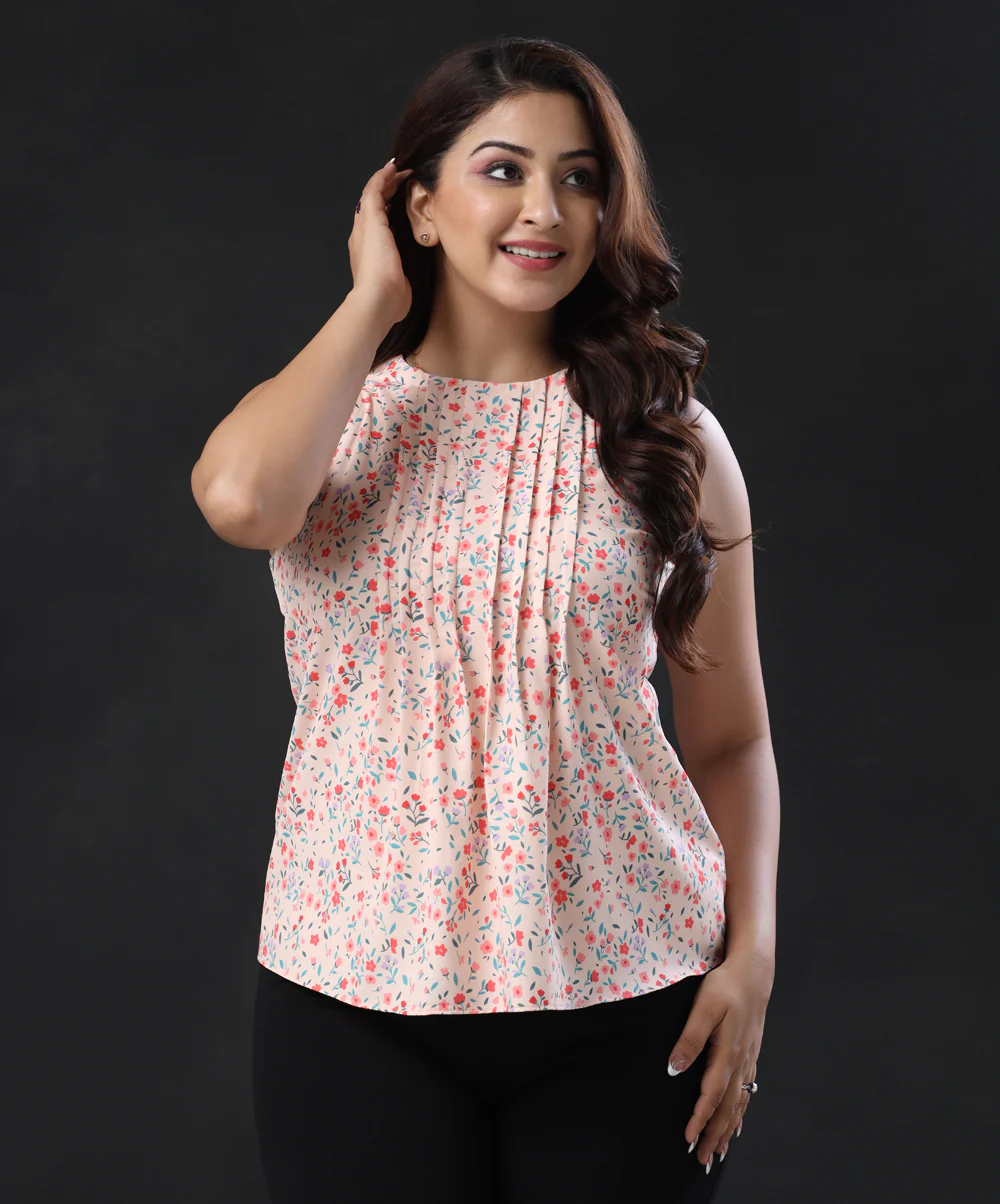 Round Neck Sleeveless Printed Pink Top