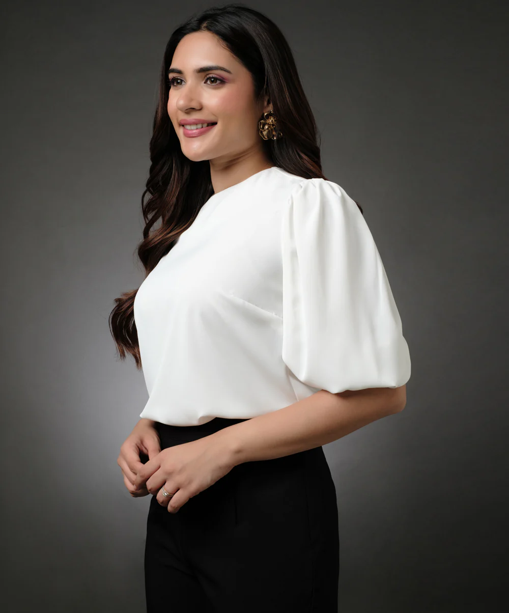 Round Neck White Sleeve Elasticated Top - Image 2