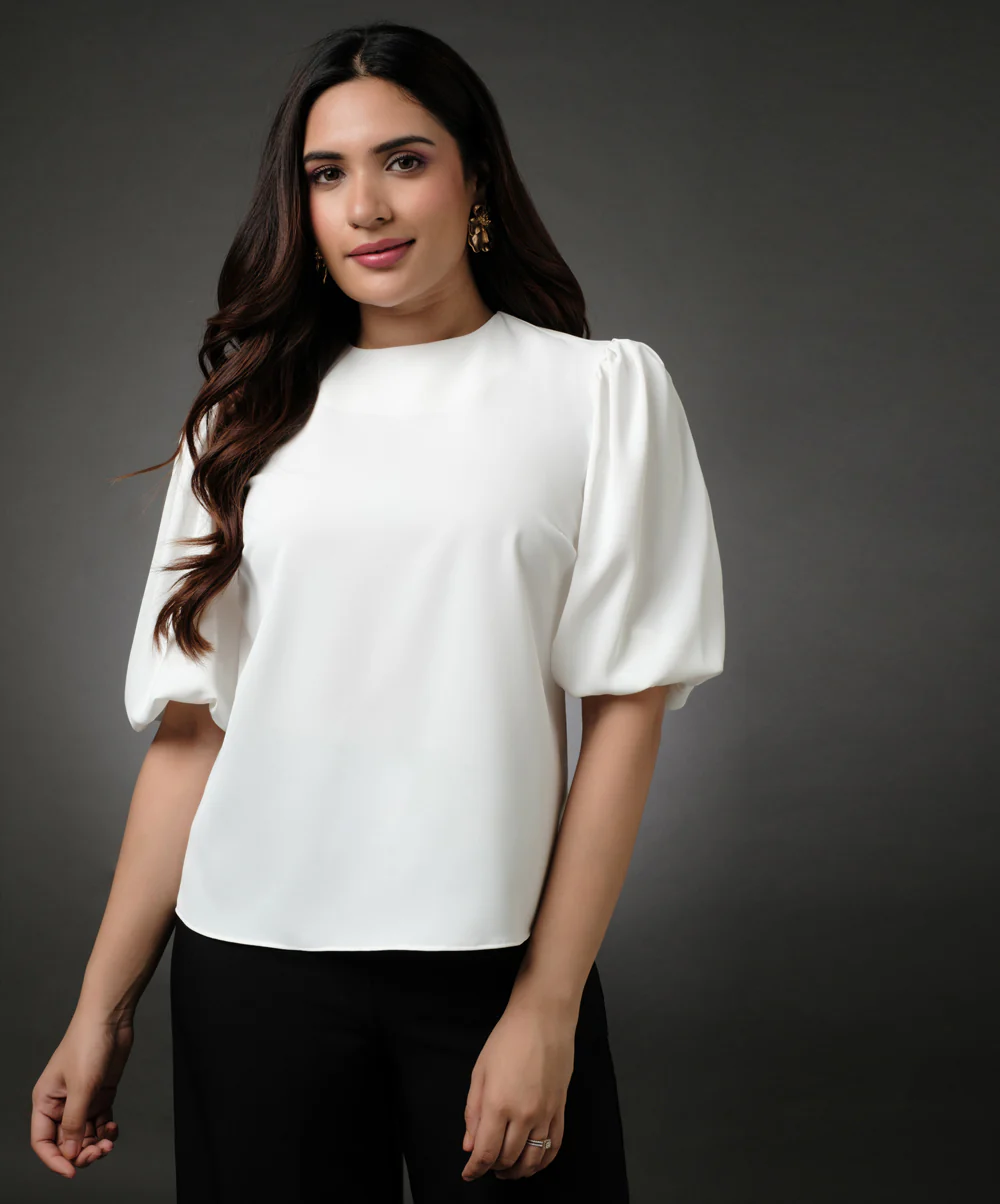 Round Neck White Sleeve Elasticated Top - Image 4