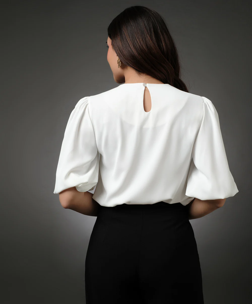 Round Neck White Sleeve Elasticated Top - Image 5